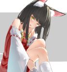  1girl animal_ear_fluff animal_ears azur_lane bangs bare_shoulders black_hair blunt_bangs blush commentary_request detached_sleeves dress embarrassed flat_chest fox_ears fox_girl from_side grey_background hime_cut isobe_eiji leaning_forward long_hair looking_at_viewer nagato_(azur_lane) nontraditional_miko open_mouth red_dress sitting socks solo straight_hair very_long_hair wavy_mouth white_legwear yellow_eyes 