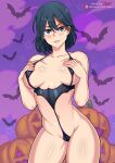  1girl alternate_costume bangs bare_shoulders bat black_hair blue_eyes breasts breasts_apart clothing_request cloud collarbone commentary_request contrapposto eyebrows_visible_through_hair hair_between_eyes halloween jack-o&#039;-lantern kill_la_kill large_breasts matoi_ryuuko multicolored_hair navel parted_lips pink_background pumpkin purple_background red_eyes redjet revealing_clothes shiny shiny_skin short_hair smile solo standing teeth thighhighs two-tone_hair watermark web_address 