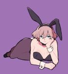  1girl animal_ears bare_shoulders black_footwear black_leotard blue_eyes bow bowtie breasts choko_egg cleavage fake_animal_ears fake_tail full_body gridman_universe hand_on_own_chin head_rest highres leotard looking_at_viewer lying mujina on_stomach pantyhose playboy_bunny purple_background rabbit_ears rabbit_tail short_hair simple_background ssss.dynazenon strapless strapless_leotard tail wrist_cuffs 