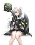  1girl absurdres afterimage ahoge arknights black_gloves black_shorts closed_eyes commission cosplay crocodilian_tail d-pad d-pad_hair_ornament facing_viewer feet_out_of_frame flower gavial_(arknights) gavial_(arknights)_(cosplay) gloves green_jacket grey_hair grey_shirt hair_ornament hairclip highres holding holding_staff jacket long_hair pointy_ears polyvora shirt shorts simple_background sitting smile solo staff tail tail_wagging thighs tomimi_(arknights) white_background 