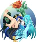  1boy 2girls :o angel_wings ass asymmetrical_wings bare_shoulders barefoot blue_hair breasts choker dizzy_(guilty_gear) eiji_(eiji) feet flower foot_focus foreshortening greek_toe guilty_gear guilty_gear_x guilty_gear_xx hair_ribbon hair_rings highres long_hair monster_girl mother&#039;s_day multiple_girls necro_(guilty_gear) open_mouth red_eyes ribbon simple_background soles tail tail_ornament tail_ribbon toes twintails underboob undine_(guilty_gear) wide_sleeves wings yellow_ribbon 