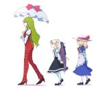  3girls apron ascot bat_wings blonde_hair breasts closed_eyes elbow_gloves gloves green_hair hat hat_ribbon height_difference high_heels highres holding holding_umbrella kana_anaberal kazami_yuuka kazami_yuuka_(pc-98) kurumi_(touhou) large_breasts long_hair long_sleeves looking_to_the_side mary_janes medium_breasts medium_hair multiple_girls pants parasol plaid plaid_pants plaid_vest red_eyes red_footwear red_ribbon ribbon shirt shoes sidelocks simple_background smile tohoyuukarin touhou touhou_(pc-98) umbrella vest walking white_apron white_background white_gloves white_headwear white_legwear white_shirt wings yellow_ascot 