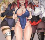  3girls bandages black_legwear blonde_hair breasts bustier cleavage collarbone competition_swimsuit demon_girl feet_out_of_frame fingerless_gloves future_knight gloves guardian_tales hand_on_own_chest head_out_of_frame highres large_breasts lifeguard_yuze long_hair multicolored_hair multiple_girls one-piece_swimsuit open_mouth p_(user_twhe8523) pointy_ears red_eyes red_ribbon red_skirt red_wings ribbon short_hair skirt smile swimsuit thighs trickster_lucy wet wings 