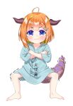  1girl amane_kanata barefoot blonde_hair colored_inner_hair commentary_request crossed_arms dragon_girl dragon_horns dragon_tail frown hair_ornament hairclip highres hololive horns hosimaru if_they_mated kiryu_coco multicolored_hair orange_hair pp_tenshi_t-shirt purple_eyes solo squatting tail trembling two-tone_hair v-shaped_eyebrows virtual_youtuber wavy_mouth 