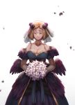  1girl alternate_costume blonde_hair blush bouquet breasts cleavage closed_eyes dress evomanaphy fire_emblem fire_emblem_heroes flower freckles highres kiran_(fire_emblem) large_breasts lily_(flower) petals rose short_hair simple_background smile veil wedding wedding_dress white_background wings 