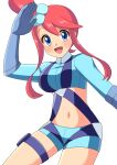  1girl :d arisu_(mikannjs) arm_up bangs blue_eyes blue_gloves blue_jacket blue_shorts blush breasts commentary cropped_jacket gloves hair_ornament highres jacket looking_at_viewer midriff navel one_side_up open_mouth pokemon pokemon_(game) pokemon_bw red_hair short_hair_with_long_locks short_shorts shorts sidelocks skyla_(pokemon) smile solo thigh_pouch tied_hair tongue turtleneck 