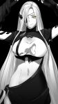 1girl alchemist_(girls&#039;_frontline) arms_up breasts cleavage commentary cowboy_shot dress eyepatch eyes_visible_through_hair frown girls&#039;_frontline greyscale hair_over_one_eye headgear highres large_breasts long_hair looking_at_viewer midriff monochrome navel sanderson sangvis_ferri solo spot_color torn_clothes torn_dress very_long_hair white_hair yellow_eyes 