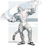  1boy abs animal_ears arknights bara biceps bulge chinese_commentary commentary_request full_body furry furry_male highres holding holding_surfboard large_pectorals leaning_to_the_side looking_at_viewer male_focus male_swimwear mountain_(arknights) muscular muscular_male pectorals sandals short_hair solo surfboard swim_briefs thick_lips thighs tiger_boy tiger_ears topless_male white_fur white_hair white_male_swimwear wincalblanke 