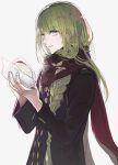  1other androgynous black_coat braid closed_mouth coat ebanoniwa enkidu_(fate) enpera fate/strange_fake fate_(series) food green_hair grey_eyes highres holding holding_food long_hair long_sleeves looking_at_viewer red_scarf scarf simple_background smile white_background 