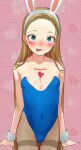  1girl :p absurdres animal_ears blonde_hair blue_eyes blue_leotard blush body_writing breasts brown_legwear covered_navel cyrillic dot_nose facial_mark fake_animal_ears haguhagu_(rinjuu_circus) heart heart_facial_mark highres leotard long_hair looking_at_viewer original pantyhose pink_background rabbit_ears russian_text sasha_(haguhagu) small_breasts smile solo thighband_pantyhose tongue tongue_out translated very_long_hair wrist_cuffs 