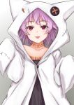  1girl animal_hood cat_hood cloak halloween_costume highres hood hood_up hooded_cloak kantai_collection koru_pera official_alternate_costume purple_hair red_eyes short_hair smile solo tama_(kancolle) tongue tongue_out white_cloak 