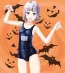  1girl absurdres bangs bat blue_swimsuit blunt_bangs breasts cameltoe commentary_request cowboy_shot curled_fingers fangs halloween highres looking_at_viewer name_tag old_school_swimsuit orange_background original purple_eyes school_swimsuit short_hair silver_hair small_breasts solo standing swimsuit takafumi vampire 