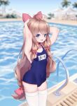  1girl a-soul absurdres ahoge blue_eyes blue_swimsuit blurry blurry_background bow brown_hair commentary_request day diana_(a-soul) gioyun_vi hair_bow highres long_hair name_tag outdoors palm_tree pool pool_ladder school_swimsuit solo swimsuit thighhighs tree wavy_hair white_legwear 