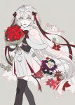  1boy 1girl :d ahoge black_legwear bouquet character_doll ebanoniwa fate/grand_order fate_(series) flower gilles_de_rais_(caster)_(fate) grey_background grey_eyes grey_hair headpiece highres holding holding_bouquet jeanne_d&#039;arc_(fate) jeanne_d&#039;arc_alter_santa_lily_(fate) looking_at_viewer merry_christmas open_mouth red_flower simple_background smile standing thighhighs 