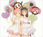  2girls akemi_homura balloon charlotte_(madoka_magica) dress eyebrows_visible_through_hair hairband hakusai_(tiahszld) holding holding_hands kaname_madoka mahou_shoujo_madoka_magica multiple_girls pink_eyes pink_hair purple_eyes short_twintails sleeveless sleeveless_dress twintails white_background white_dress 