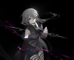  1girl absurdres arknights bangs black_background black_gloves bow breasts eyebrows_behind_hair gloves grey_hair hair_between_eyes highres holding holding_sword holding_weapon long_hair looking_at_viewer open_mouth red_eyes silver_hair simple_background skadi_(arknights) skirt solo sword weapon whale_girl yukuso_(dabiandang) 