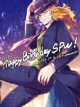  1boy artist_name birthday black_headwear blonde_hair brown_eyes closed_mouth commentary_request dated formal hand_on_headwear happy_birthday hat jojo_no_kimyou_na_bouken light_particles light_smile long_hair looking_at_viewer male_focus necktie phantom_blood pink_necktie robert_e._o._speedwagon scar scar_on_face solo suit twitter_username yuu_knight3858 