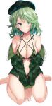  1girl bangs bare_shoulders barefoot bikini bikini_top blue_headwear bottomless breasts camouflage camouflage_bikini camouflage_headwear camouflage_jacket cleavage closed_mouth commentary ebi_193 eyebrows_visible_through_hair green_eyes green_hair green_jacket jacket key large_breasts long_sleeves looking_at_viewer medium_hair navel simple_background sitting smile solo swimsuit touhou v_arms wariza white_background yamashiro_takane 