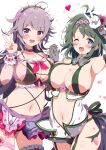  2girls absurdres ahoge arm_up armpits bangs breasts cleavage collarbone commentary_request detached_collar echinacea_(flower_knight_girl) eggman_(pixiv28975023) eyebrows_visible_through_hair flower flower_knight_girl green_eyes green_hair hair_flower hair_ornament hairband heart highres interlocked_fingers kurinsou_(flower_knight_girl) large_breasts long_hair loop multiple_girls navel one_eye_closed open_mouth petals purple_eyes revealing_clothes shiny shiny_skin smile spiked_hairband spikes v white_background 