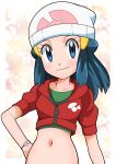  1girl beanie blue_eyes blue_hair blush bracelet closed_mouth commentary_request dawn_(pokemon) green_shirt hainchu hair_ornament hairclip hand_on_hip hat highres hood hoodie jewelry long_hair looking_at_viewer navel pokemon pokemon_(anime) pokemon_dppt_(anime) red_hoodie shirt sidelocks smile white_headwear zipper_pull_tab 