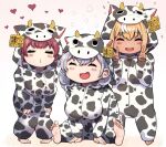  3girls :d =_= animal_costume animal_print barefoot blonde_hair breasts closed_eyes cow_costume cow_print double_v ear_tag facing_viewer highres hololive houshou_marine large_breasts leaning_forward long_sleeves mikan_(chipstar182) multiple_girls o3o open_mouth pajamas red_hair shiranui_flare shirogane_noel smile soles v virtual_youtuber 