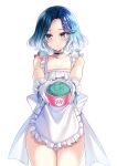  1girl absurdres apron bad_id bad_twitter_id bare_arms bare_shoulders baskin-robbins black_choker blue_eyes blue_hair bow breasts choker cleavage closed_mouth collarbone commission cowboy_shot food foreshortening frilled_apron frilled_choker frills frown giving gloves gradient_hair hair_ornament hairclip highres ice_cream looking_away maett maid_apron multicolored_hair naked_apron original short_hair solo standing star_(symbol) star_hair_ornament thigh_gap thighs white_apron white_bow white_gloves 