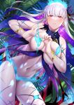  1girl bangs blue_fire blush body_markings breasts fate/grand_order fate_(series) fire flower hair_flower hair_ornament hair_ribbon heart-shaped_boob_challenge highres kama_(fate) kama_(swimsuit_avenger)_(fate) large_breasts long_hair looking_at_viewer lotus navel revealing_clothes ribbon silver_hair solo zaregoto_tsukai_no_deshi 