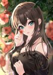  1girl bangs bare_shoulders black_hair black_shirt blue_eyes blurry blurry_foreground blush breasts cleavage commentary_request depth_of_field earrings eyebrows_visible_through_hair flower hair_between_eyes hand_up highres holding holding_flower idolmaster idolmaster_cinderella_girls idolmaster_cinderella_girls_starlight_stage jewelry long_hair medium_breasts off-shoulder_shirt off_shoulder parted_lips red_flower shibuya_rin shirt solo sutoroa upper_body 