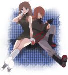  1boy 1girl ageha black_dress black_footwear black_gloves blue_eyes boots brown_hair checkered checkered_background dress earrings full_body gloves green_(pokemon) grey_eyes holding holding_poke_ball jewelry poke_ball poke_ball_(basic) pokemon pokemon_adventures red_hair silver_(pokemon) smile step-siblings white_footwear white_gloves 