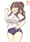  1girl alternate_costume alternate_hairstyle arm_up artist_logo ashigara_(kancolle) blue_buruma blue_pants blush breasts brown_eyes brown_hair buruma dated eyebrows_visible_through_hair fang gym_shirt gym_shorts gym_uniform hair_between_eyes hairband hand_on_hip kanon_(kurogane_knights) kantai_collection katakana long_hair looking_away looking_up medium_breasts one-hour_drawing_challenge open_mouth pants ponytail shirt short_sleeves shorts simple_background smile solo spark sparkle white_background white_hairband white_shirt 