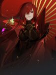  1girl bangs bodysuit breasts chain cloak eyebrows_behind_hair eyebrows_visible_through_hair fate/grand_order fate_(series) hair_over_one_eye highres looking_at_viewer oda_nobunaga_(fate) oda_nobunaga_(maou_avenger)_(fate) red_background red_eyes red_hair simple_background solo yukuso_(dabiandang) 