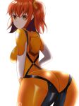  1girl ahoge arched_back ass bangs bodysuit breasts chaldea_combat_uniform fate/grand_order fate_(series) fujimaru_ritsuka_(female) hair_ornament hair_scrunchie kankitsu_kei looking_at_viewer looking_back medium_breasts one_side_up open_mouth orange_bodysuit orange_eyes orange_hair scrunchie short_hair solo thighs 