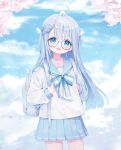  1girl :d ahoge amatsuka_uto backpack bag bangs black-framed_eyewear blue_eyes blue_sailor_collar blue_skirt blue_sky blush bow cloud cloudy_sky commentary_request day deyui eyebrows_visible_through_hair glasses hair_ornament hairclip highres holding_strap indie_virtual_youtuber long_hair long_sleeves looking_at_viewer open_mouth outdoors petals pleated_skirt puffy_long_sleeves puffy_sleeves round_eyewear sailor_collar school_uniform serafuku shirt silver_hair skirt sky sleeves_past_wrists smile solo striped striped_bow teeth two_side_up upper_teeth very_long_hair virtual_youtuber white_shirt wing_hair_ornament 