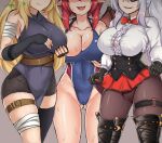 3girls bandages black_legwear blonde_hair breasts bustier cleavage collarbone competition_swimsuit demon_girl feet_out_of_frame fingerless_gloves future_knight gloves guardian_tales hand_on_own_chest head_out_of_frame highres large_breasts lifeguard_yuze long_hair multicolored_hair multiple_girls one-piece_swimsuit open_mouth p_(user_twhe8523) pantyhose pointy_ears red_eyes red_ribbon red_skirt red_wings ribbon short_hair skirt smile swimsuit thighs trickster_lucy wet wings 