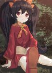  1girl ashley_(warioware) bangs black_hair book bush dress foot_out_of_frame grass hairband kubinaga215 long_hair long_sleeves looking_at_viewer on_floor orange_hairband outdoors red_dress red_eyes red_footwear sitting skull solo twintails very_long_hair warioware 