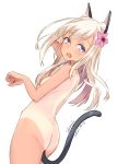  1girl alakoala animal_ears artist_name ass blonde_hair blue_eyes blush breasts cat_ears cat_tail commentary dated eyebrows_visible_through_hair fake_animal_ears fake_tail flower hair_flower hair_ornament highres kantai_collection long_hair nipples nude open_mouth paw_pose ro-500_(kancolle) signature simple_background small_breasts solo tail tan tanlines white_background 