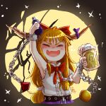  1girl absurdres alcohol arm_up artist_name bangs beer belt black_background black_belt black_sky blonde_hair blush bottle bow bowtie broken_moon buttons chain closed_eyes collar collared_shirt eyebrows_visible_through_hair fang glass hair_bow hands_up highres horns ibuki_suika long_hair moon night night_sky oni open_mouth purple_ribbon purple_skirt red_bow red_bowtie ribbon shadow shirt skin_fang skirt sky sleep_(isliping) sleeveless sleeveless_shirt smile solo sparkle star_(sky) star_(symbol) starry_background starry_sky touhou white_bow white_shirt 