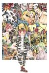  2girls 3boys absurdres animal_on_head badge bitou_daisukenojou bitou_raimu blonde_hair blue_eyes button_badge cellphone chain clenched_hand colored_pencil_(medium) foreshortening graffiti green_shorts hair_over_one_eye hat highres jewelry junko_(yasuyoyasuyo) kiryuu_yoshiya misaki_shiki mr._mew multiple_boys multiple_girls navel necklace on_head own_hands_together painting_(medium) phone pink_eyes purple_eyes shin_subarashiki_kono_sekai shirt shorts skullcap subarashiki_kono_sekai traditional_media watercolor_(medium) white_shirt wristband 