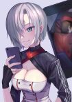  1boy 1girl black_gloves breasts cellphone cleavage cleavage_cutout clothing_cutout commander_(girls&#039;_frontline) commentary_request commission fingerless_gloves girls&#039;_frontline gloves green_eyes hair_over_one_eye large_breasts mg5_(girls&#039;_frontline) phone phone_screen short_hair silver_hair skeb_commission sleeping smartphone smile taking_picture upper_body yokai_cucumber 