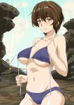  1boy 1girl beach bikini blue_bikini blush breasts brown_hair day fishing_rod hair_between_eyes highres kosokosomaru_(higashi_taishi) large_breasts mizuno_nanatsu navel old old_man original outdoors short_hair sunlight swimsuit thick_eyebrows 