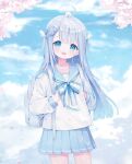  1girl :d ahoge amatsuka_uto backpack bag bangs blue_eyes blue_sailor_collar blue_skirt blue_sky blush bow cloud cloudy_sky commentary day deyui english_commentary eyebrows_visible_through_hair hair_ornament hairclip highres holding_strap indie_virtual_youtuber long_hair long_sleeves looking_at_viewer open_mouth outdoors petals pleated_skirt puffy_long_sleeves puffy_sleeves sailor_collar school_uniform serafuku shirt silver_hair skirt sky sleeves_past_wrists smile solo striped striped_bow teeth two_side_up upper_teeth very_long_hair virtual_youtuber white_shirt wing_hair_ornament 
