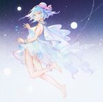  1girl ankle_scrunchie bai_qi-qsr bangs bare_legs bare_shoulders barefoot blue_eyes blue_hair cape dress from_side full_body haiyi highres jellyfish jellyfish_hair_ornament legs looking_at_viewer miniskirt open_mouth purple_eyes scrunchie see-through short_hair skirt smile solo synthesizer_v white_cape white_dress wrist_scrunchie 