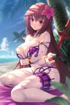  1girl bangs bare_shoulders beach bikini blue_sky blush bracelet breasts cleavage collarbone emanon123 fate/grand_order fate_(series) flower gae_bolg_(fate) hair_flower hair_intakes hair_ornament hibiscus highres jewelry large_breasts looking_at_viewer navel palm_tree polearm purple_bikini purple_hair red_eyes scathach_(fate) scathach_(swimsuit_assassin)_(fate) sitting sky smile solo spear swimsuit thighs tree wariza weapon 