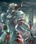  1girl armor armored_dress clarent_(fate) clock clock_tower commentary_request fake_horns fate/apocrypha fate/grand_order fate_(series) from_behind gauntlets helmet horned_helmet horns kim_yura_(goddess_mechanic) mordred_(fate) mordred_(fate/apocrypha) rain shoulder_armor solo sword tower twitter_username weapon 