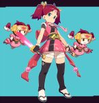  1girl :o back_bow bow dual_wielding fingerless_gloves floating full_body gloves green_eyes headband heart highres holding jacket looking_at_viewer ninja om_(nk2007) pink_jacket pink_neckwear red_hair robot saru_getchu sayaka_(saru_getchu) short_sleeves short_twintails shorts socks solo sword tabi thighhighs twintails two-tone_background weapon 