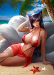  1girl ahri_(league_of_legends) animal_ears bangs beach black_hair breasts closed_mouth commentary english_commentary facial_mark fox_ears fox_tail hand_on_own_head large_breasts league_of_legends long_hair looking_at_viewer multiple_tails nextoad ocean one-piece_swimsuit palm_tree patreon_username red_skirt red_swimsuit sand sarong side-tie_skirt sitting skirt sky solo starfish swimsuit tail tree vastaya watermark whisker_markings yellow_eyes 