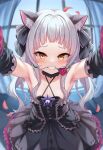  1girl animal_ear_fluff animal_ears armpits bangs bare_shoulders black_dress black_ribbon blunt_bangs blush breasts cat_ears covered_mouth detached_sleeves dress earrings flower grin hair_ribbon highres hololive jewelry long_hair looking_at_viewer murasaki_shion outstretched_arms pov ribbon rose shimokirin small_breasts smile solo twintails virtual_youtuber yellow_eyes 