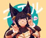  1girl absurdres animal_ears background_text bangs bell black_hair blush bodysuit collarbone double_fox_shadow_puppet erune eyebrows_visible_through_hair fangs fox_ears fox_shadow_puppet fur-trimmed_sleeves fur_trim granblue_fantasy grin hair_bell hair_ornament hair_ribbon hands_up highres kuroqueta long_hair looking_at_viewer purple_eyes ribbon sidelocks signature smile solo sweater translation_request two-tone_background upper_body yuel_(granblue_fantasy) 