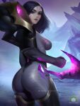  1girl ass back black_hair black_lips bodysuit boots breasts clenched_hand closed_mouth commentary english_commentary facial_mark kai&#039;sa large_breasts league_of_legends lipstick looking_at_viewer looking_back makeup nextoad pale_skin patreon_username purple_eyes solo standing thigh_boots thighhighs watermark 
