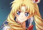  1girl bambi_nano bishoujo_senshi_sailor_moon blonde_hair blue_eyes blue_sailor_collar blurry blurry_background blush bow bowtie choker circlet closed_mouth collarbone collared_shirt crescent crescent_earrings derivative_work double_bun earrings hair_intakes heart heart_choker jewelry long_hair looking_at_viewer magical_girl meme red_bow red_bowtie red_choker sailor_collar sailor_moon sailor_moon_redraw_challenge_(meme) sailor_senshi_uniform sailor_shirt screencap_redraw shiny shiny_hair shirt short_sleeves solo sparkle sweatdrop tsukino_usagi twintails upper_body very_long_hair white_shirt 